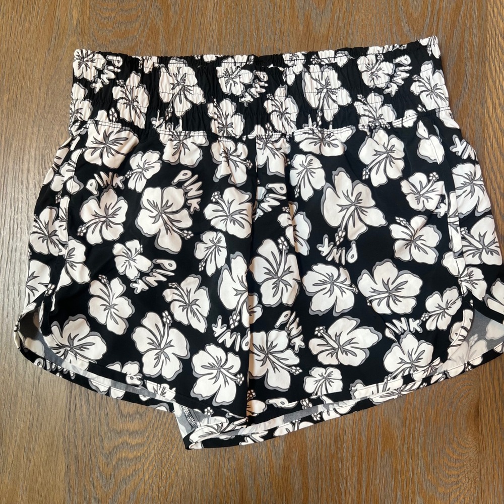 PINK Victoria's Secret Hibiscus Floral Smocked Waist Athletic Shorts Black White